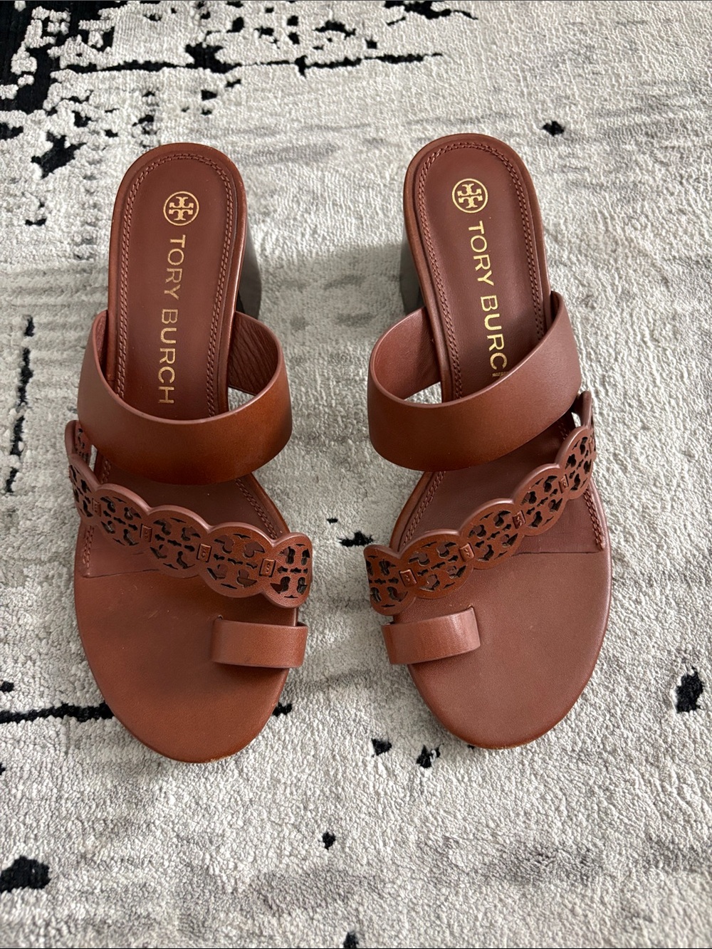 Tory Burch Brown Leather Scalloped Toe-Loop Mules